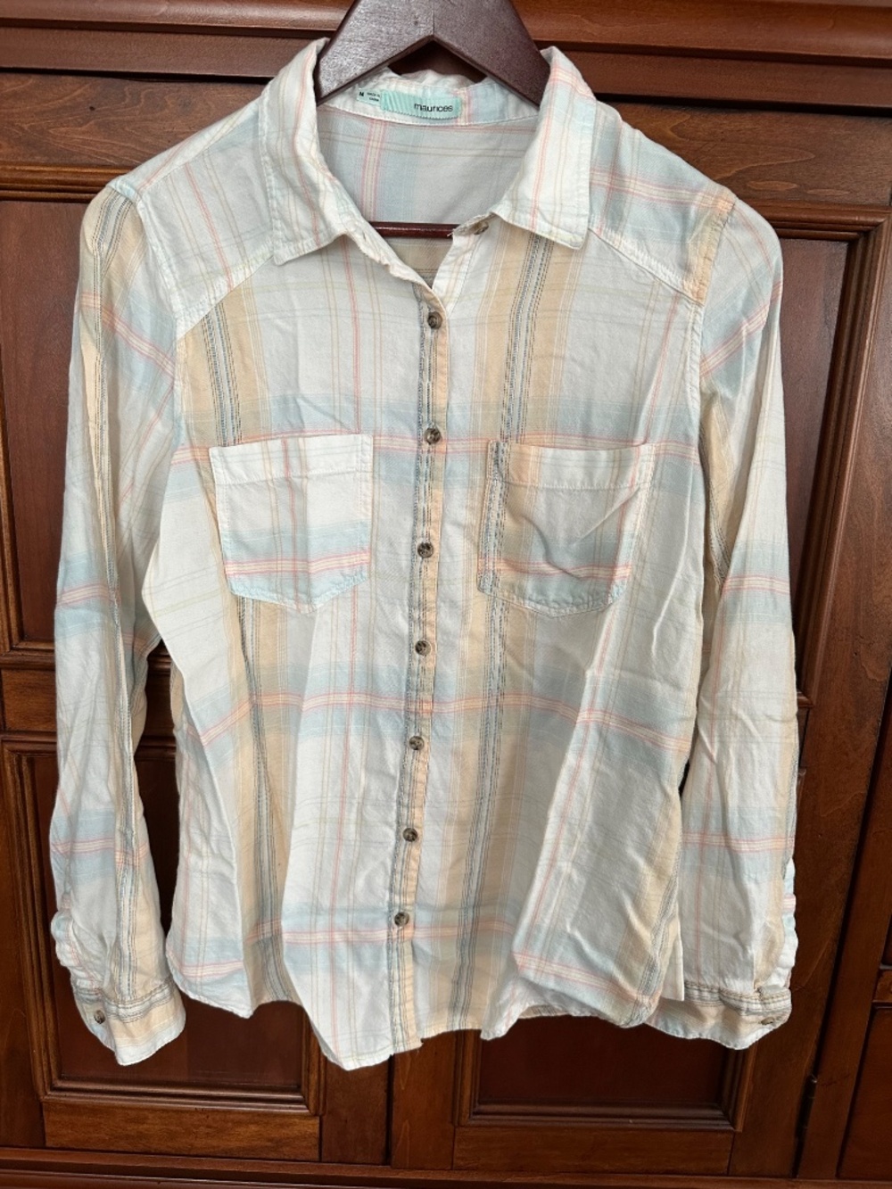 MAURICE'S Long Sleeve Button Down Front Pockets Plaid Shirt Pink Purple Size M